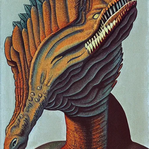 Image similar to portrait of an anthropomorphic tyrannosaurus rex, sandro bottecelli, 1 5 0 0