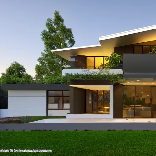 Image similar to render of a beautiful modern home designed for cozy, curvy, natural aesthetics!!, energy efficiency and maximizing plants and greenery, golden light, high resolution, professional