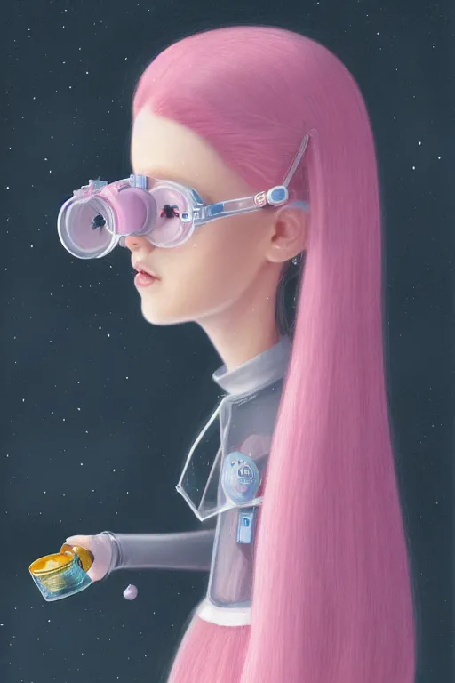 Image similar to highly detailed, profile portrait of a extremely beautiful, young adult, princess bubblegum from adventure time, experimenting in her science lab, wearing lab coat & saftey goggles, long bubblegum hair with long straight bangs, illustration concept art by nicoletta ceccoli, mark ryden, lostfish, detailed and intricate environment, 8 k resolution, hyperrealistic, 3 d octane render