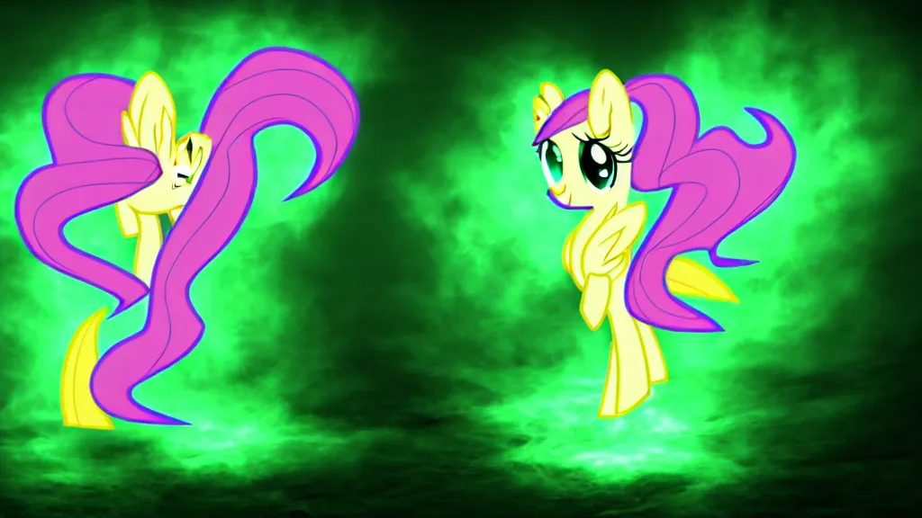 Image similar to 3D Fluttershy from My Little Pony as a necromancer, standing over a dead pony, bright green swirls coming up around her, glowing aura, pitch black background, dramatic and colorful lighting, she is surrounded by green chibi glowing skulls, smoke all around, unrealengine, 4k, HDR