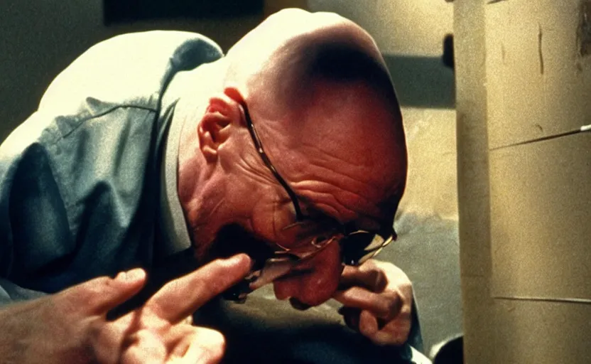 Prompt: walter white puking, puke!!!!!!! vomit!!!!!!!!!, movie still, speilberg movie, speilbergian lighting, classic 8 0 s flick )