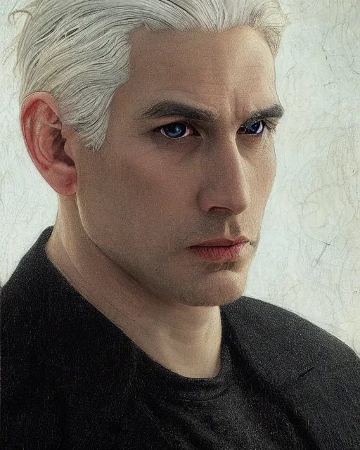 Image similar to portrait of 4 0 - year - old man with white hair with a pale complexion, pointed face and grey eyes, clear smooth face, no beard, wearing black suit and black shirt, haughty facial expression, hyper realistic face, beautiful eyes, close up, fantasy art, in the style of greg rutkowski, intricate, alphonse mucha, hyper detailed, smooth