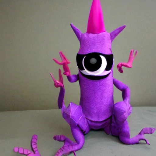 Prompt: silly purple dragon puppet with bloodshot eyes