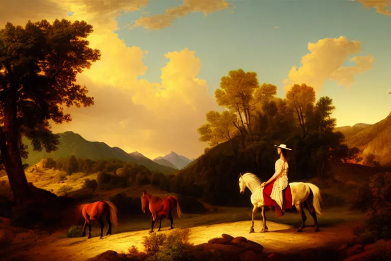 Prompt: scenic western mountain landscape with wild horses and a woman in a long white traditional dress, Asher Brown Durand, oil on canvas, beautifully daylight, artstation