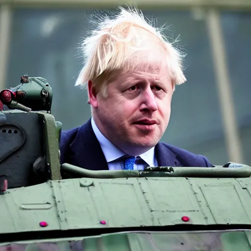 Image similar to A long shot of Boris Johnson in a tank, 4k, ultra HD