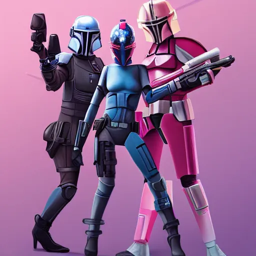 Image similar to bo katan, koska reeves, and a very fancy female mandalorian in a pink suit and bedazzled helmet. digital art. photo realistic. 4 k. intricate. detailed. by krenz cush art simon fetscher.