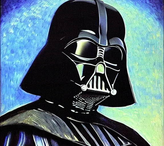 Image similar to beautiful oil painting of Darth Vader by Vincent van Gogh; realistic-lighting