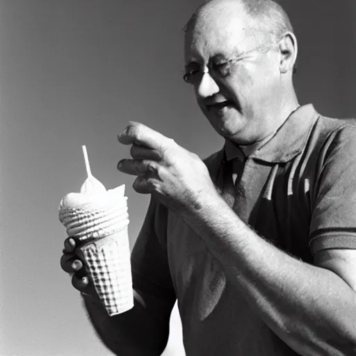 Prompt: a man holding an ice cream cone, arriflex 35