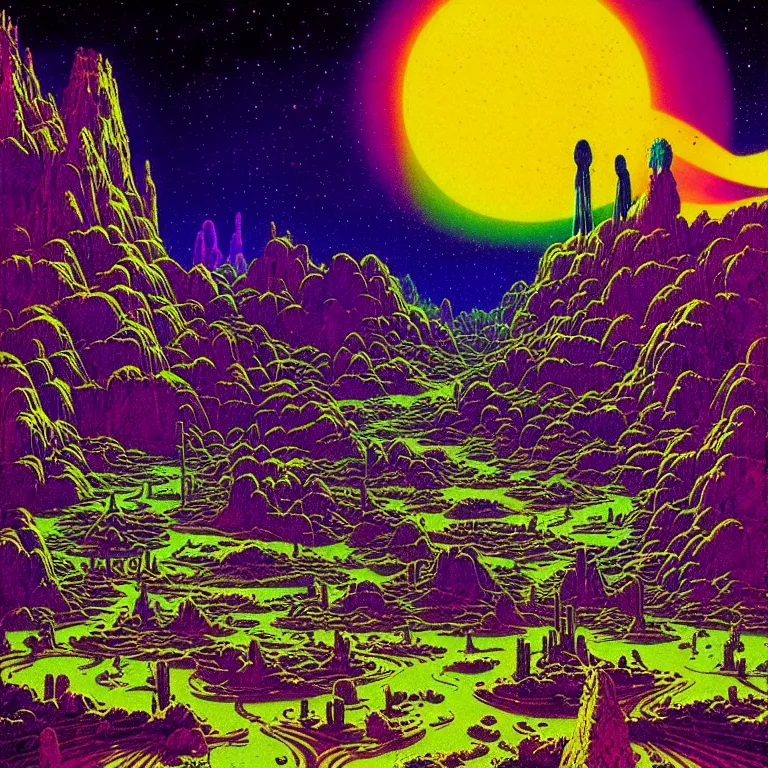 Prompt: astral projectors in mysterious desert canyon at night, infinite sky, synthwave, bright neon colors, highly detailed, cinematic, tim white, philippe druillet, roger dean, ernst haeckel, lisa frank, aubrey beardsley, kubrick, kimura, isono