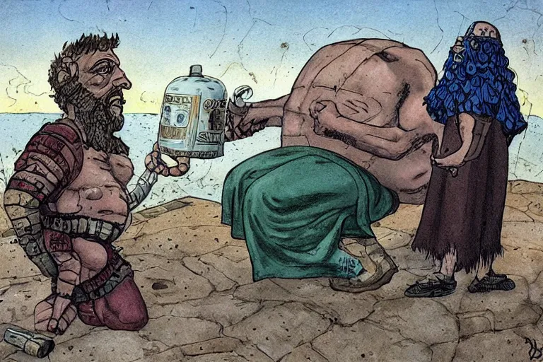 Image similar to odysseus presenting a wine flask to the giant cyclops by enki bilal