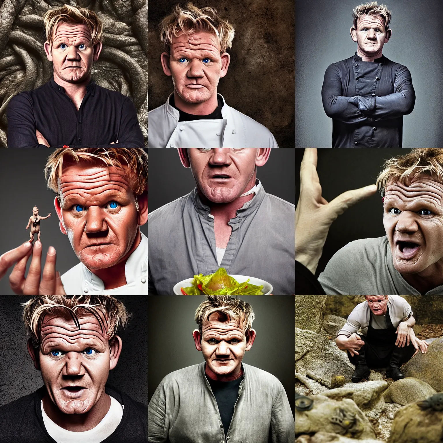 Prompt: portrait photograph, Gordon Ramsay as Gollum, still from Lord of the Rings