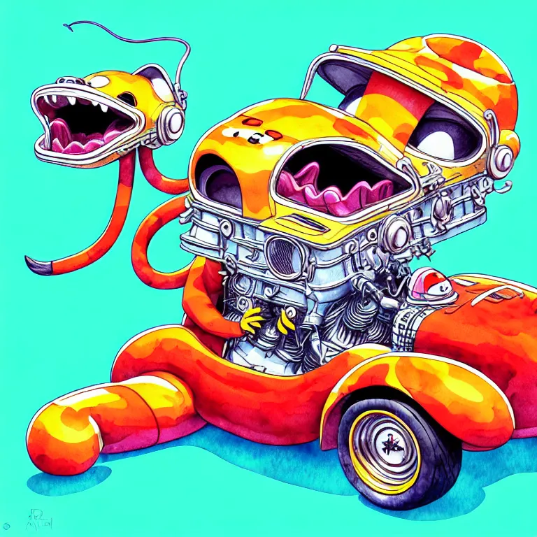 Image similar to cute and funny, jaguar wearing a helmet riding in a hot rod with oversized engine, ratfink style by ed roth, centered award winning watercolor pen illustration, isometric illustration by chihiro iwasaki, edited by range murata, tiny details by artgerm and watercolor girl, symmetrically isometrically centered, sharply focused