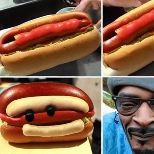Image similar to a hot dog with the face of snoop dogg