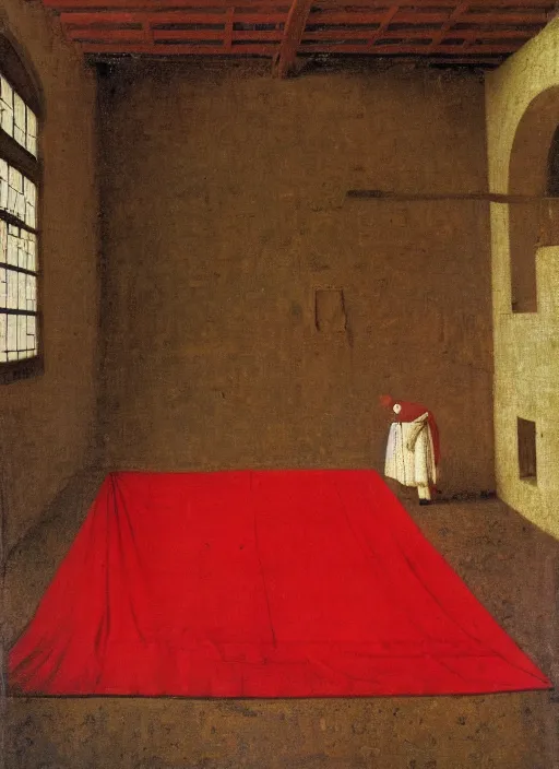 Image similar to red cloth of the floor, medieval painting by jan van eyck, johannes vermeer, florence