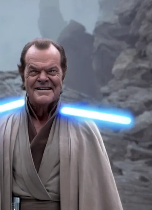 Image similar to film still of jack nicholson as a jedi in the new star wars movie, 4 k