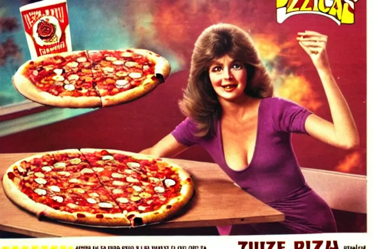 Image similar to 70s, angels, pizza, advertisement