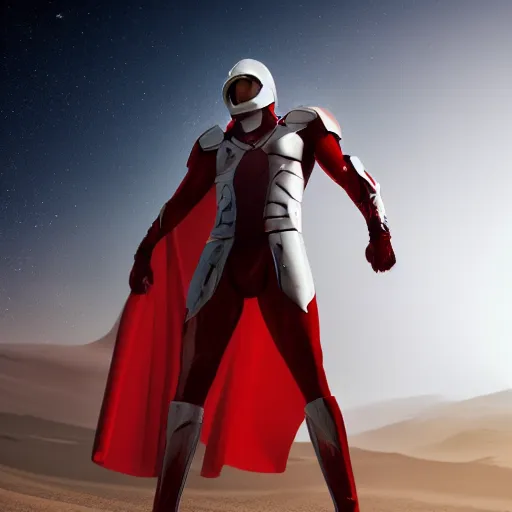 Prompt: tall muscular infantry man in glossy sleek white armor with a few red details and a long red cape, heroic posture, on the surface of mars, night time, dramatic lighting, cinematic, sci-fi, hyperrealistic, movie still