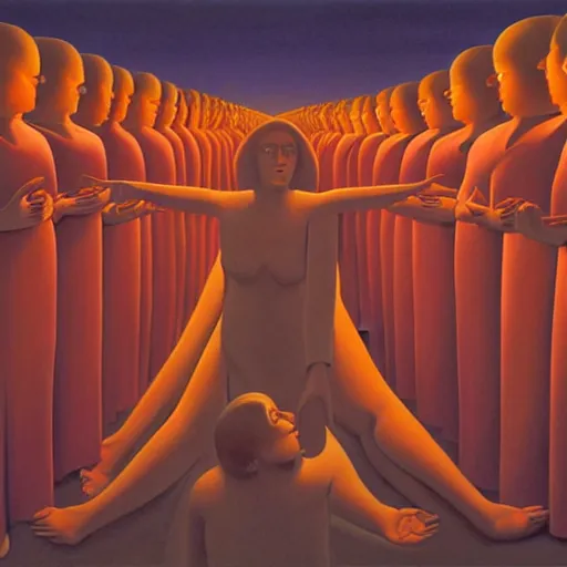 Image similar to Soul eating angels satisfy their hunger, light illumination at sunset, by George Tooker height 768