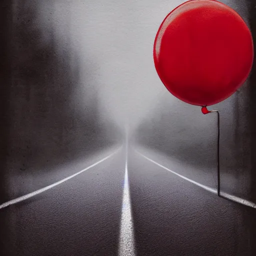 Image similar to grunge painting of an empty road with a wide smile and a red balloon by Zdzisław Beksiński, loony toons style, pennywise style, corpse bride style, creepy lighting, horror theme, detailed, elegant, intricate, conceptual, volumetric light