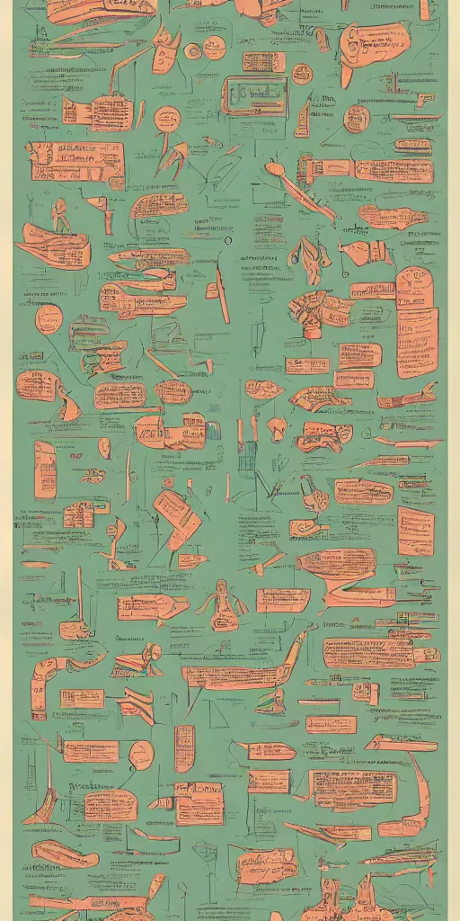 Image similar to anatomy of a futurama, diagrams, map, marginalia, sketchbook, old script, inhabited initials, pastel infographic by Wes Anderson and victo ngai