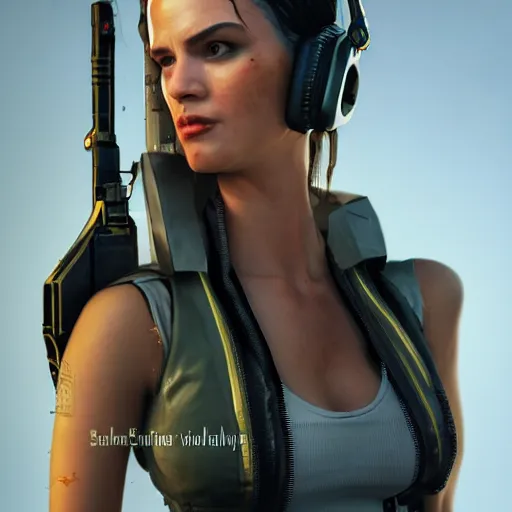 Image similar to Beautiful Sophia. gorgeous female cyberpunk mercenary wearing a cyberpunk headset, military vest, and jumpsuit. Gorgeous face. Concept art by Sherree Valintine Daines and James Gurney. Industrial setting. ArtstationHQ. Creative character design for cyberpunk 2077.