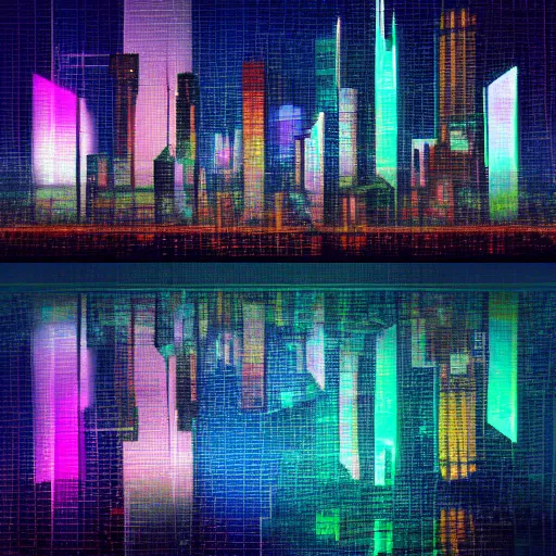 Image similar to cyberpunk version of chicago skyline, digital art, 8k, reflections