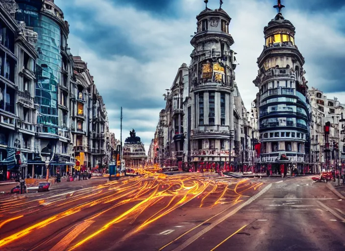 Image similar to Gran Vía from Madrid in the year 3000, futuristic city, award-winning photograph, 4k, HQ, artstation,