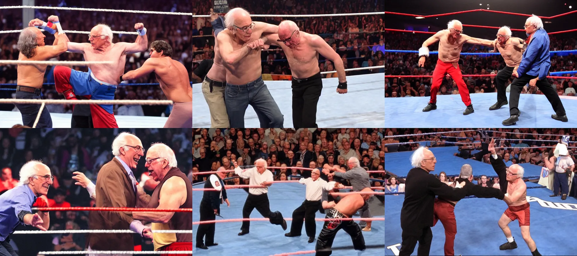 Prompt: Larry David fighting Bernie Sanders in the WWE wrestling ring