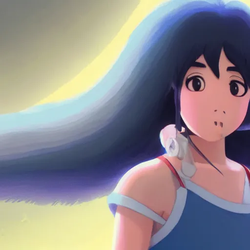 Image similar to a wholesome animation key shot of a dark blue haired girl with a raccoon tail, medium shot, studio ghibli, pixar and disney animation, sharp, rendered in unreal engine 5, anime key art by greg rutkowski, bloom, dramatic lighting