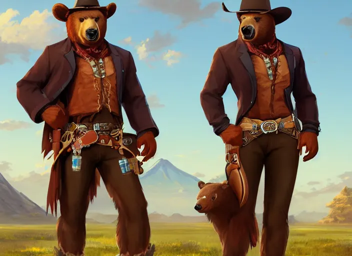 Image similar to character portrait feature of the anthro male anthropomorphic kamchatka brown bear fursona wearing cowboy outfit wild west desperado character design stylized by charlie bowater, ross tran, artgerm, and makoto shinkai, detailed, soft lighting, rendered in octane