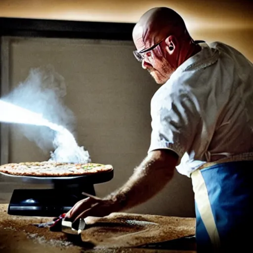 Image similar to walter white making pizza!!! margherita! with a blowtorch!! in the desert, dramatic lighting, still from breaking bad