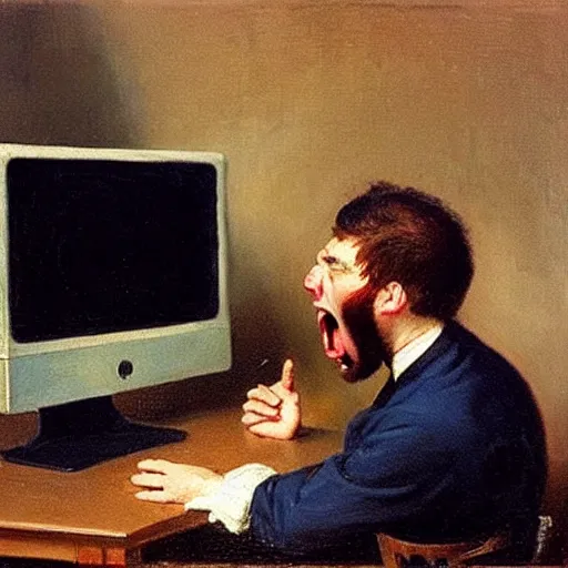 Image similar to an angry man yells at his computer monitor, oil on canvas, 1 9 0 1