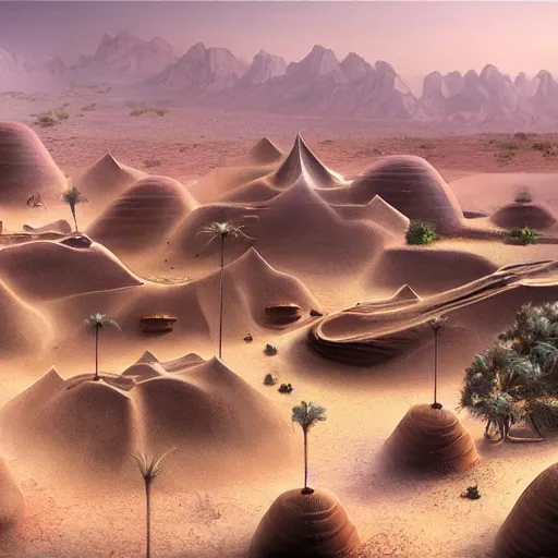 Image similar to The spiritual village of a lost civilization built near the water of a lone oasis in the center of a seemingly infinite sand desert full of tall sand dunes, concept art, game art, trending on art station