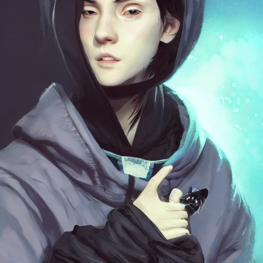 Image similar to a pale skinny white young girl with black hair, the hime cut, 1 8, in a black hoodie, and a cat, apex legends character, digital illustration portrait design, by android jones and greg rutkowski, retrowave color scheme, detailed, cinematic lighting, wide angle action dynamic portrait