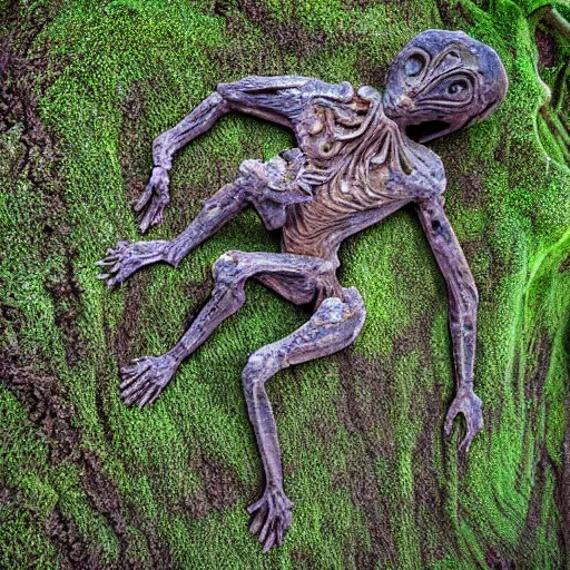 Prompt: fossilized humanoid creature, lying in the desert, covered with moss and rust, alien artifact, carved symbols, digital art