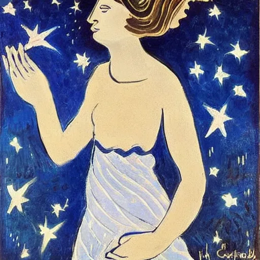 Image similar to The conceptual art features a woman with wings made of stars, surrounded by a blue and white night sky. The woman is holding a staff in one hand, and a star in the other. She is wearing a billowing white dress, and her hair is blowing in the wind. aboriginal art by Henri Matisse ghostly