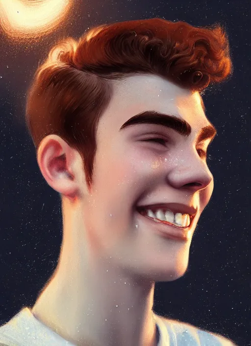 Image similar to portrait of teenage archie andrews, freckles, curly middle part haircut, curly hair, smiling kindly, friendly, 1 9 5 0 s, intricate, elegant, glowing lights, highly detailed, digital painting, artstation, concept art, smooth, sharp focus, illustration, art by wlop, mars ravelo and greg rutkowski