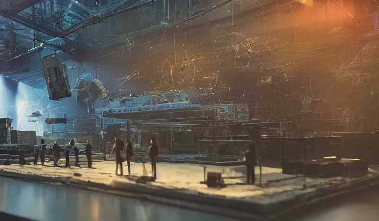 Image similar to group of people in simple warehouse, watching hologram of futuristic city on a table, cinematic concept art, godrays, golden hour, natural sunlight, 4 k, clear details, tabletop model buildings, center model buildings, hologram center, crane shot, crane shot, crane shot