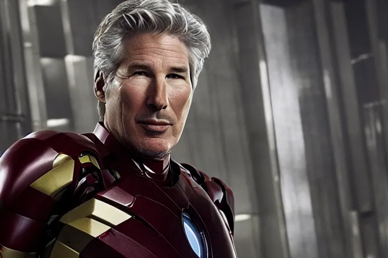 Image similar to richard gere is new iron man, epic scene from marvel movie, photo realistic