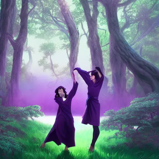 Image similar to Movie poster artwork in purple by Michael Whelan and Yuji Hamada, Rendering of several lovely hearts dancing in a budhist forest, by Makoto Shinkai, Matte painting, trending on artstation and unreal engine