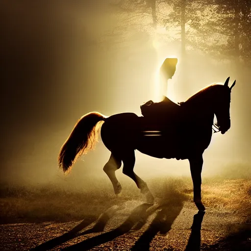 Image similar to the headless horseman entering a saloon, backlit, evening light, dramatic mood, low angle, sun rays