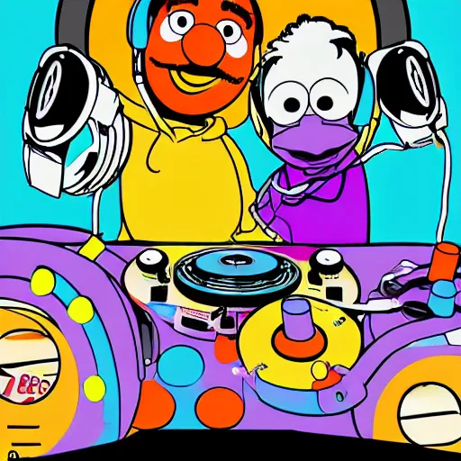 Image similar to svg sticker of a Pop-Wonder Bert&Ernie, Sesame-Street, at a rave, spinning records, giant headphones rocking out, wearing headphones, huge speakers, dancing, rave, DJ, spinning records, digital art, amazing composition, rule-of-thirds, award-winning, trending on artstation, featured on deviantart