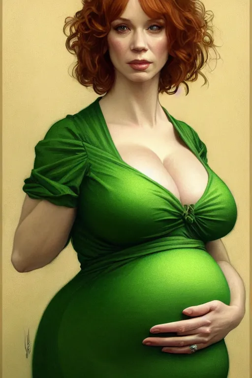 Image similar to pregnant christina hendricks in a green dress, realistic portrait, symmetrical, highly detailed, digital painting, artstation, concept art, smooth, sharp focus, illustration, cinematic lighting, art by artgerm and greg rutkowski and alphonse mucha