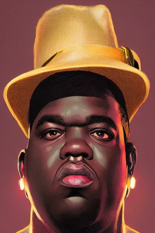 Image similar to portrait of notorious big with hat, staring directly into camera, intricate, elegant, glowing lights, highly detailed, digital painting, artstation, sharp focus, illustration, art by wlop, mars ravelo and greg rutkowski