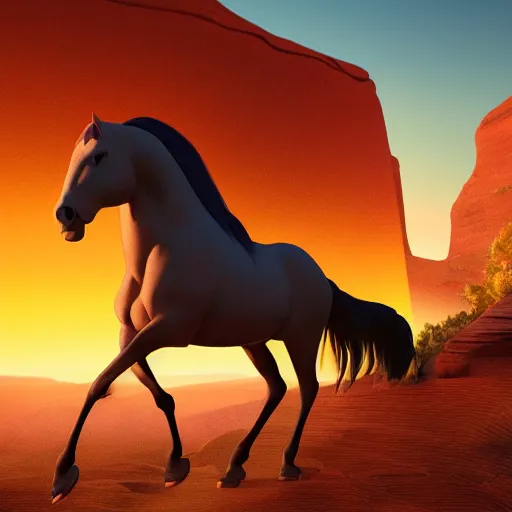 Prompt: spirit untaimed, horse from the movie next to a canyon riding in the sunset, movie poster, 8 k, trending on artstation, octane render, volumetric shadows