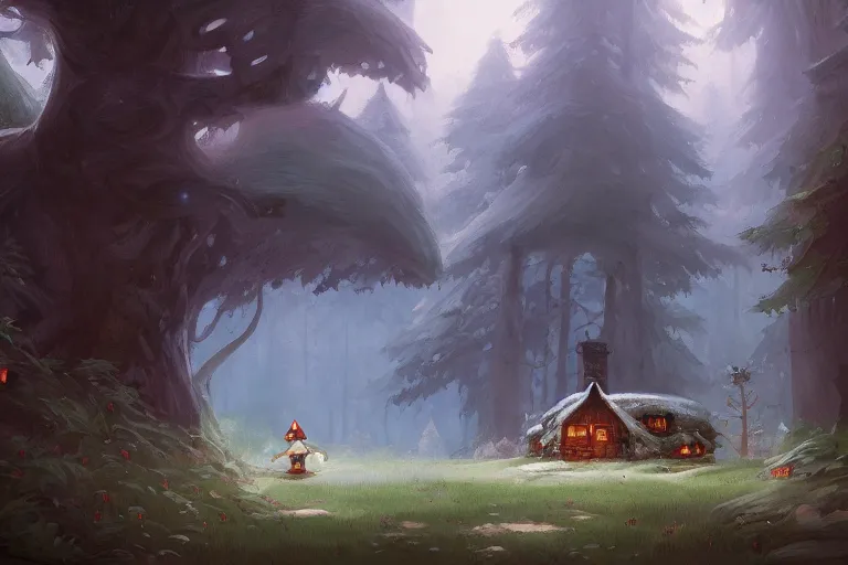 Image similar to a painting of a little cottage sitting on the back of a giant wolf that is walking through a magical forest, by andreas rocha, trending on artstation