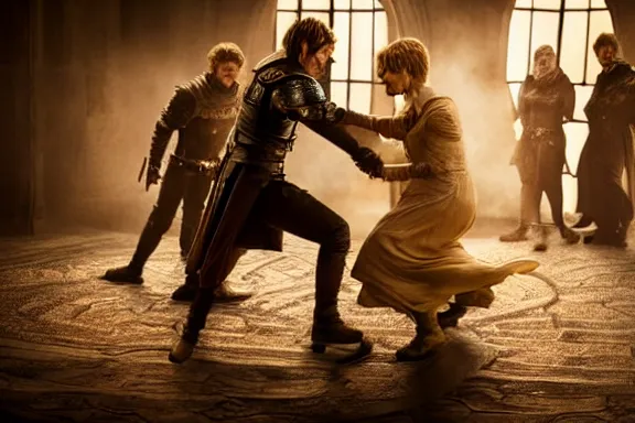 Image similar to very very intricate photorealistic photo of jaime lannister fighting cersei, photo is in focus with detailed atmospheric lighting, award - winning details