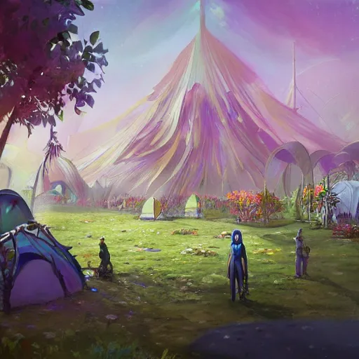 Prompt: a painting of a 1 9 6 0 s cyberpunk futuristic hippie flower power commune with tents and fruit trees and flowers and led screens, a matte painting by magali villenueve and mandy jurgens and charlie bowater, cgsociety, utopia art, sci - fi, bold colors, artstation hq