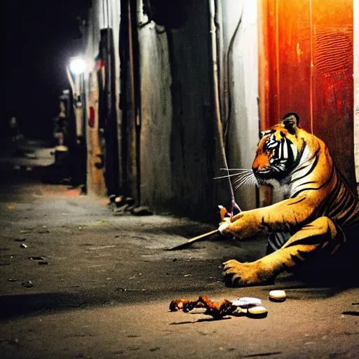 Image similar to photograph of a tiger smoking a joint in the streets of Dhaka at night