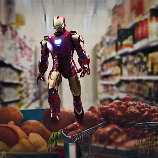 Image similar to mini iron man flying around in a crowded grocery, macro, wide shot, dramatic lighting, octane render, hyperrealistic, HD